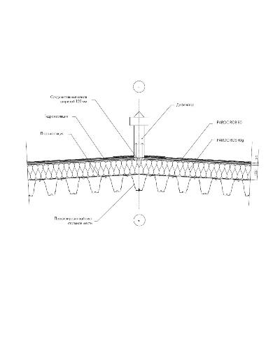Деталь утепления совмещенной крыши системы лёгких конструкций с наплавленным битумным рулонным покрытием возле дефлектора